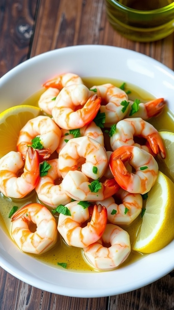 A bowl of garlic butter shrimp garnished with parsley and lemon on a rustic table.
